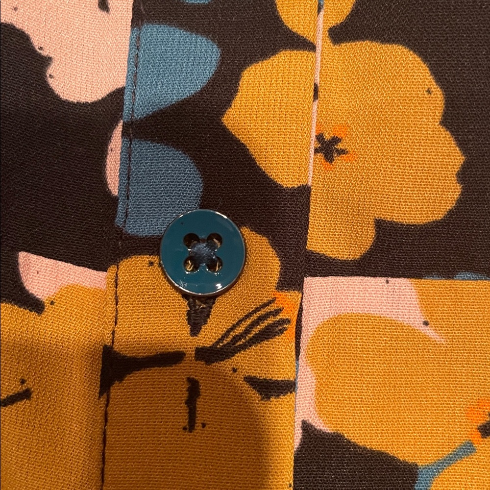 CAbi Floral Tie-Neck Blouse in Teal, Mustard & Pink Sz M - Picture 7 of 7